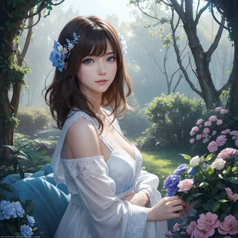 hightquality、8K Ultra HD、fullllbody、A 16-year-old woman、Gentle smile、Beautiful flowers、robe blanche、light brown hair、Blue eyes、(Lovely healing forest and colorful little birds in the background)、cute little、Beautiful fece、portlate、Antique architecture、Glas...