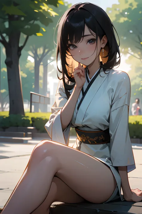 4k, high-res, best quality, (Korean idol), finely detailed skin, smooth face, sharp focus, (cinematic lighting), soft lighting, dynamic angle, [:(detailed face:1.2):0.3], A young Korean woman relaxing at park, korean,