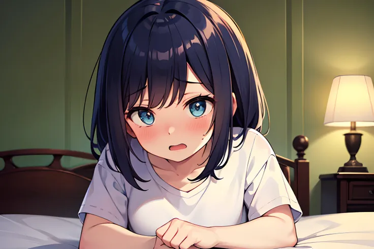 1girl, dark blue hair, messy hair, light blue eyes, blushing, embarrassed, confused, oversized white shirt, open mouth, looking away, confused pupil, on the bed, cute, soft light, cozy, beautiful and aesthetic, masterpiece, wholesome, good quality, she tur...