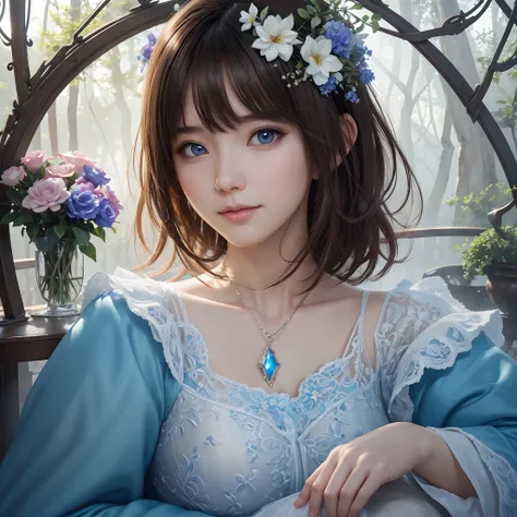 hightquality、8K Ultra HD、fullllbody、16-year-old woman、Gentle smile、Rich facial expressions、Beautiful flowers、robe blanche、light brown hair、Blue eyes、(Lovely healing forest and colorful birds in the background)、cute little、Beautiful fece、portlate、Antique ar...