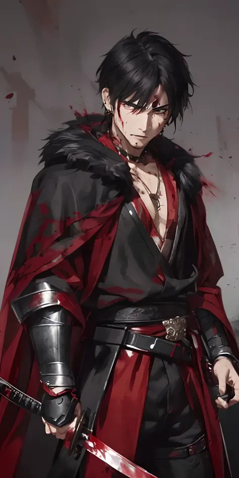 (masterpiece), best quality, expressive eyes, perfect face, short black hair, black eyes, ((male warrior bloody battle with katana)), ((black crimson armor)), ((black cloak with fur)), vambrace, ((wearing red earring, red necklace)), blood on his face, mer...