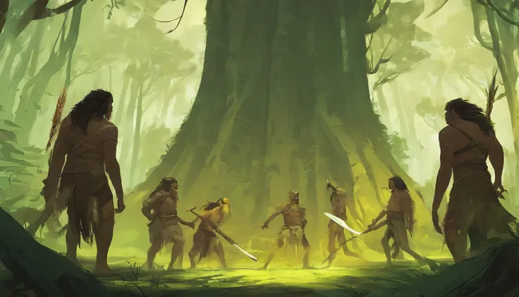 A group of Amazon natives arguing angrily against a background of tall trees, green and yellow tones.