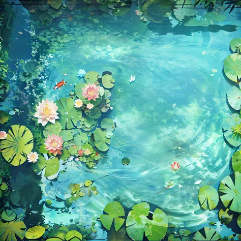 There is a picture of the pond，There are lilies and fish in it, Lotus pond, photoshop water art, water art photoshop, reflective water koi pond, Koi pond, Small pond, pond, floathing underwater in a lake, waterlily pond, lotus flowers on the water, alpine ...