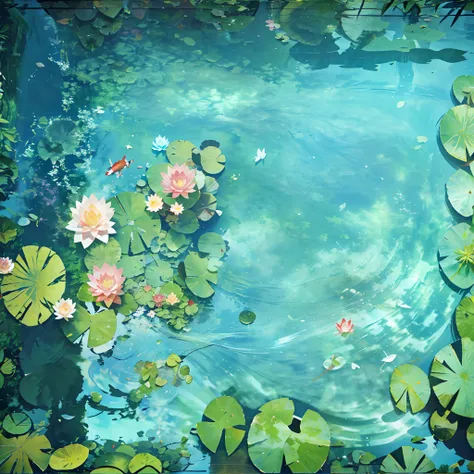 There is a picture of the pond，There are lilies and fish in it, Lotus pond, photoshop water art, water art photoshop, reflective water koi pond, Koi pond, Small pond, pond, floathing underwater in a lake, waterlily pond, lotus flowers on the water, alpine ...