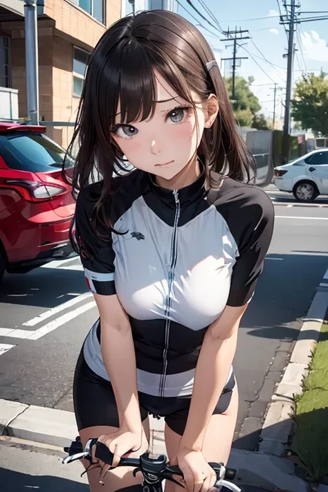 (8K), (Best Quality), (masutepiece: 1.2)　Cute woman in a bicycle accident　Collision with a power pole　Fall and call for help　(terrified expression)