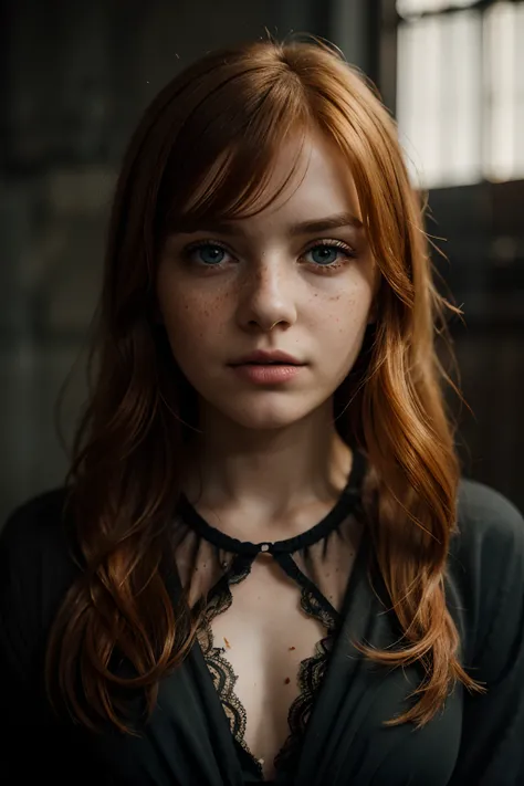 (8k, RAW photo, highest quality), beautiful girl, close up, dress, (detailed eyes:0.8), defiance512, (looking at the camera:1.4), (highest quality), (best shadow), intricate details, interior, ginger hair:1.3, dark studio, muted colors, freckles