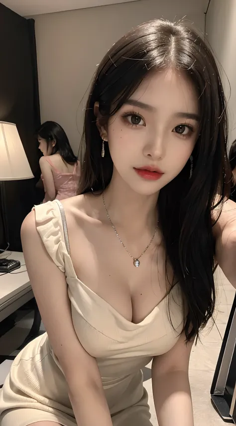 (Masterpiece), best quality, 8K resolution, 3D, close-up, a beautiful girl in a suspender dress, with a necklace, a beauty mole under the corner of the left eye , perfect figure, ((beautiful detailed face)), (upper body: 1.3), black hair (messy), delicate ...