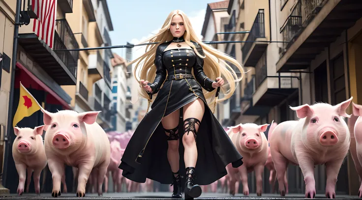 In the streets of a city, open shot, full body, it is a blonde woman with long hair, she wears black fetish clothing and carries a Spanish flag surrounded by pigs, the entire image next to the woman full of pigs that follow her. multiple pigs many --auto -...