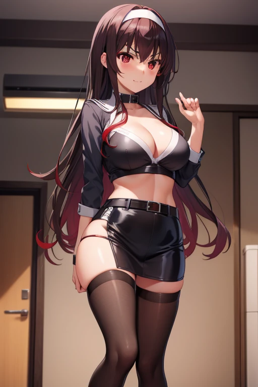 kasumigaokautaha, utaha kasumigaoka, black hair, hairband, long hair, (red eyes:1.5), masterpiece, best quality, highres, full body, full pose, kasumigaoka utaha, 1girl, solo, evil smile, bad face, teeth,angry, standing, blushing, black hair, hairband, red...