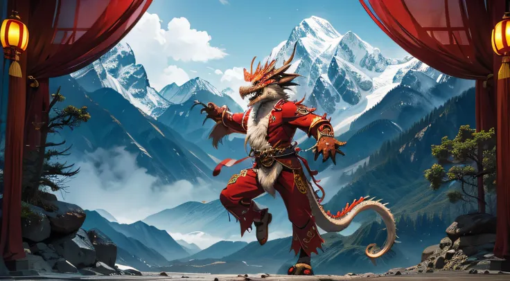 A Chinese dragon surrounds the mountains，full body front