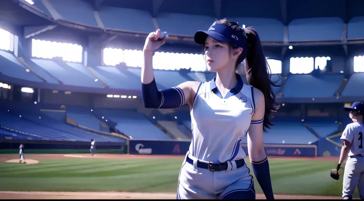 A female baseball player pitches，Baseball bat in hand，Batting dynamics，Correct ergonomics（1.5），tmasterpiece，top Quority，super wide shot（1.5)（realisticlying，realisticlying：1.4），（RAW photos：1.4），Very delicate CG Unity 8K wallpaper，very delicate beautiful，Man...