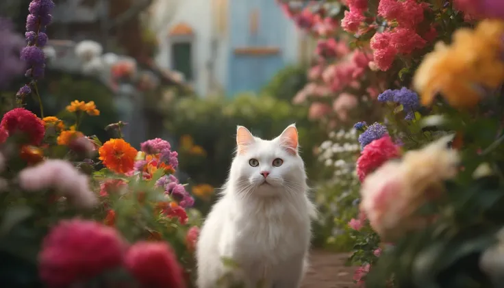 Surrounded by colorful flowers、A white and fluffy cat、Looking straight ahead with a smile。realistic