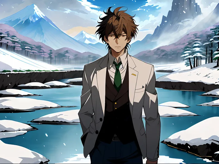 Anime image of a brown-haired man in a white suit and blue tie standing under a snowy mountain，by lake, Shinkai sincerely, New Xiangcheng, Honest, ryuta ueda artwork, offcial art, Anime handsome man, inspired by Hisui Sugiura, koyoharu gotouge, inspired by...