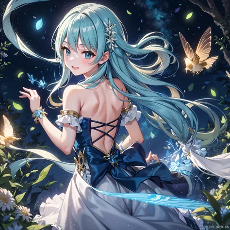 In a realm of enchantment, Dynamic Angle、 within a magical forest, a mystical fairy girl emerges, Light blue long hair、Twin-tailed、adorable smiling、The twinkling glow of the moonlight. Her skirt, woven from petals and stardust, shimmers with an iridescent ...