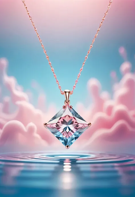 A small diamond necklace hangs in the middle of the picture, the main body is floating on the water, light pink smoke, spotlight, light blue and pink background, exquisite, precision, high detail. Perfect lighting. 8k, super clear and super noise reduction