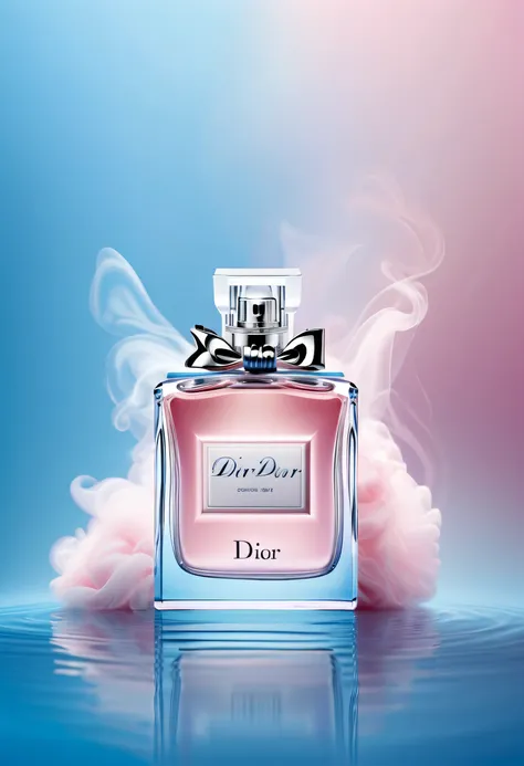 A bottle of Dior perfume hangs in the middle of the picture, the main body is floating on the water, light pink smoke, spotlight, light blue and pink background, exquisite, precision, high detail. Perfect lighting. 8k, super clear and super noise reduction