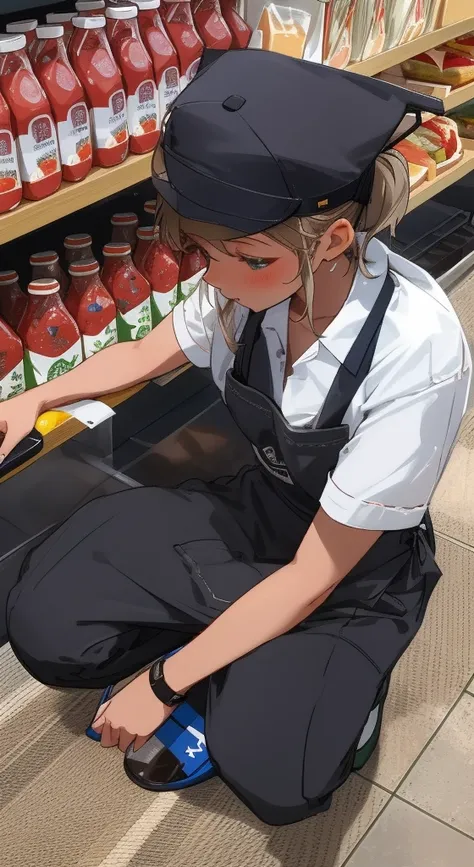 there is a woman kneeling down in front of a shelf of food, brilliant detail, at the counter, starbucks aprons and visors, wearing an apron, perfect detail, competition winning, sitting on a store shelf, casually dressed, having a good time, outstanding de...