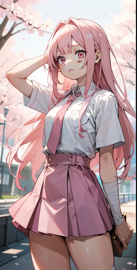 Two-dimensional anime wallpaper，Long pale pink hair，bangs, highlights, (hair highlights effect), (eyebrow), (nose), (ear), (mouth), (lips)，Cherry blossom hair accessories ，girl，White short-sleeved tie style school uniform, big chest, waist, thick legs, thi...