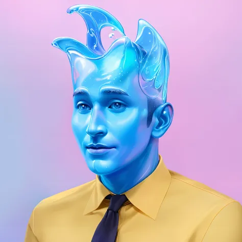 there is a man with a blue face and a tie on, yellow shirt, water head, elemental, transparent water head, pink background, stunning beauty