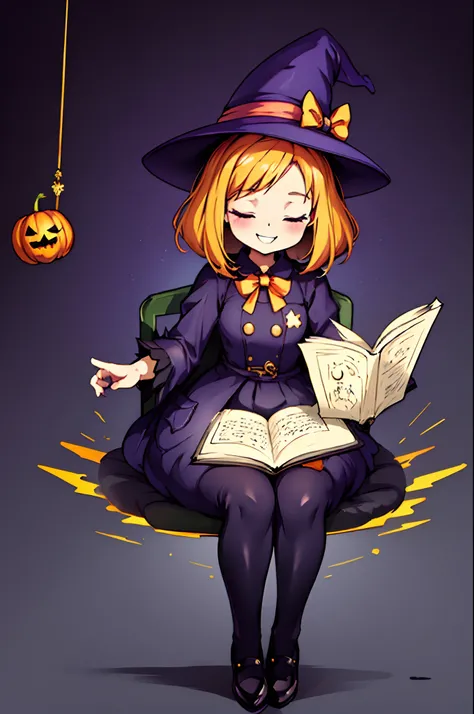 ((top-quality))、 ((​masterpiece))、Cute Halloween Theme、full body Esbian、A smile、 The Wand and the Magic Book、Glamorous Hat、Halloween Accessories、Draw clothes buttons and pockets in a Halloween style、Cute shoes、sit a chair、bio luminescent、radiant light