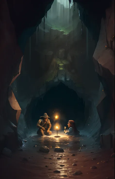 Create an animated scene with a mist filled cave where an archeological couple trapped in a mud filled pit and sinking in the trap upto their neck for almost a week. --auto --s2