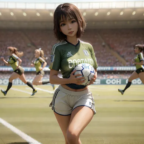 short-haired woman in soccer uniform, it's like fabiola nascimento, soccer ball at your feet, cg rendering, alexis franklin, jul...