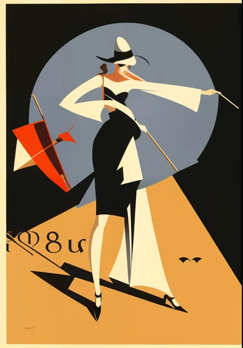 a drawing，A woman in a dress and hat，With an umbrella, saul bass, author：Maurice Braun, Fernand Pérez（Fernand Pelez）, author：Vladimir Tatlin, Saul Bass and Paul Rand, author：Edo Murtić, Rene Margit（Rene Margitte）illustratio, author：Pal Bohm, art deco illus...