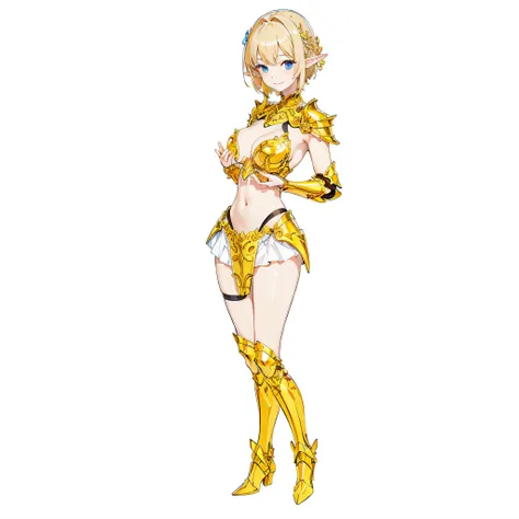 ​masterpiece、top-quality、ighly detailed、hight resolution、１６ｋ、fullnude、Boob proportions、golden armour、Very thin skirt、Full body like、Very white skin、Beautiful fingers、Anime girl with very big breasts posing naked、Perfect Style、elvish、no-bra、Blonde blue-eyed...