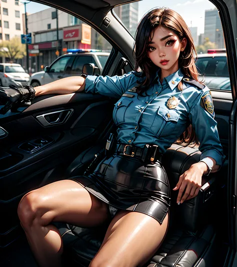 Pose in a city police car, a picture，Raised sexy, police officers, Wearing a police uniform, bobby, officer, Police, Outfit, female sheriff, korean womens fashion model，tight-fitting，Skirt that wraps hips，Tight short skirt with hips，high-heels，Pear-shaped ...