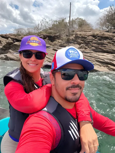 They are riding in a boat on the water with a man and a woman, wearing sunglasses and a cap, wearing a purple cap, em uma ilha de rocha flutuante, usando equipamento de aventura, Karla Ortiz, usando equipamento de aventura, wearing sunglasses and a hat, To...