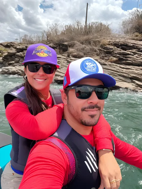 They are riding in a boat on the water with a man and a woman, wearing sunglasses and a cap, wearing a purple cap, em uma ilha de rocha flutuante, usando equipamento de aventura, Karla Ortiz, usando equipamento de aventura, wearing sunglasses and a hat, To...