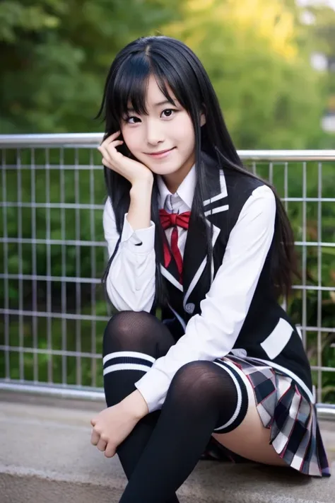 (masterpiece, best quality:1.2), cowboy shot, solo, 1girl, long black hair, yukinoshita yukino, teen, 18 years old girl. smile, nice complexion, baby face, kawaii, looking at viewer, cute, school uniform, black jacket, plaid skirt, black stockings and blac...