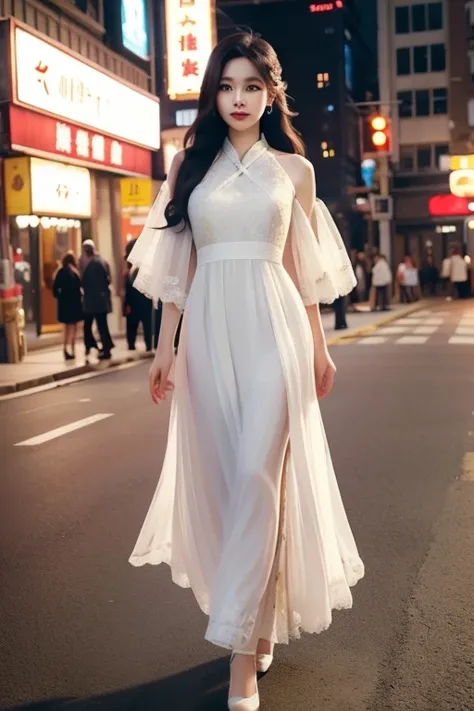 Young temperament asian woman in long dress walking in the city，Cute expressions，long whitr hair，frontage，Cinematic graphics，super ultra detail，Best quality，