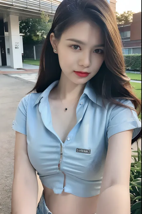 ((Best quality, 8k, Masterpiece :1.3)), Sharp focus:1.2, Perfect Body Beauty:1.4, Slim Abs:1.2, ((Layered hairstyle: 1.2)), (Shirt: 1.1), (Street: 1.2), Highly detailed face and skin texture, Fine eyes, Double eyelids