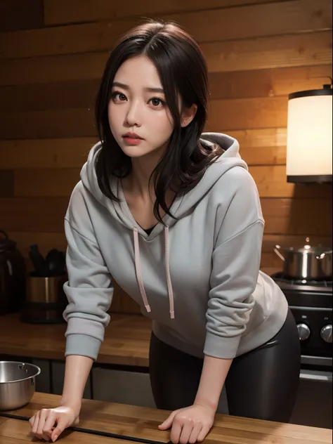 masterpiece, realistic eyes, best quality, bamboo, closed mouth, beautiful lighting, cinematic, 8k, solo, 1girl, facial, wet face, liner, wooden walls, medium tits, gray hoodie, leggings, wide hips, kamado nezuko, pink eyes,