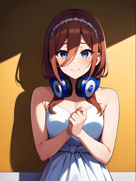 masutepiece, Best Quality, 超A high resolution, top-quality, The Bride of Fifths, Miku Nakano, Anime style, Wearing headphones, Hair that grows to the shoulders, Chestnut hair, Smile with shadow, (weddingdress:1.3), Upper body, (White Stall:1.4), White head...