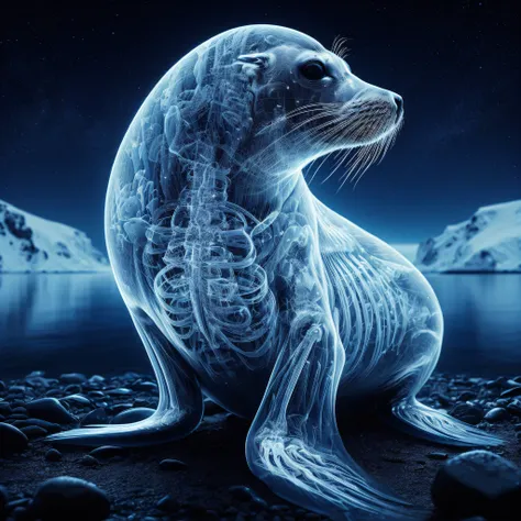 x-ray photograph of a sealion sitting on the pebbled shore in the antarctic