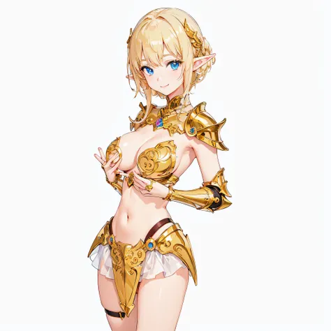 ​masterpiece、top-quality、ighly detailed、hight resolution、１６ｋ、fullnude、Boob proportions、golden armour、Very thin skirt、Full body like、Very white skin、Beautiful fingers、Anime girl with very big breasts posing naked、Perfect Style、elvish、no-bra、Blonde blue-eyed...