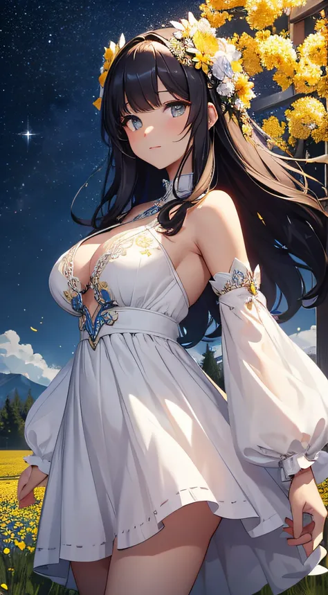 ​masterpiece、Background with（（Fantastic starry sky、kosmos、Meteor swarm、Luminescent yellow flowers all over the place、flower  field））、About 30 years old、a beauty girl、huge tit、Great embroidery on a white mini dress、No Shoulder、She wears her hair in a beauti...