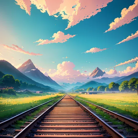 Anime train crossing track in sky background, beautiful and harmonious scene, exquisite animation, rich details (width is 672), high quality, clarity 4k, artistic 4k wallpaper, stunning anime landscape, 8k art wallpaper.