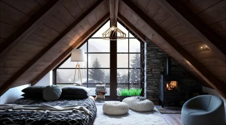 Quarto com uma cama grande e uma lareira no canto, lugar aconchegante, cozy room at night, aconchegante e calmo, picture of a loft in morning, cozy vibes, ambiente acolhedor e tranquilo, atmosfera aconchegante, Cozy setting, Atmoshpere aconchegante, ambien...