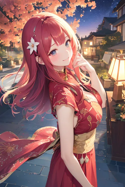 (((Lily Garden at Night,Woman in gorgeous red dress with lily flower motif,Clothes with lily pattern,lensflare,crepuscular rays,Lily hair ornament,Lily Piercing,lily flowers,,Beautiful starry sky,Big Moon))),((独奏,stroll)),((masutepiece,FULL BODYSHOT,Angle ...