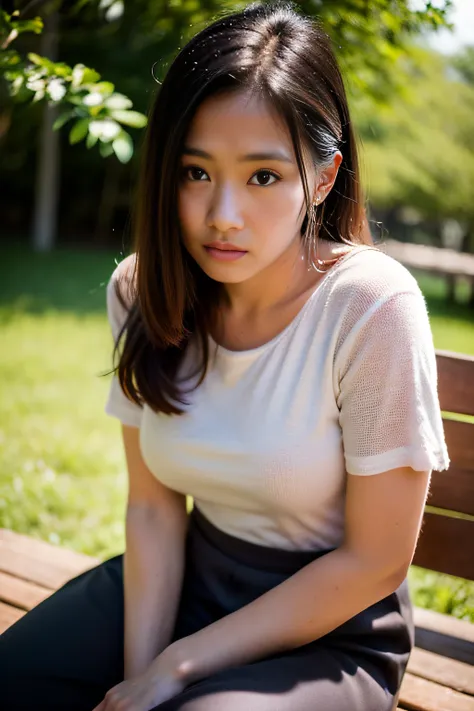 (((​masterpiece))), top-quality, Extremely detailed, Detailed background, 
birdseye view, 18mm Wide Lens, longshot, Quiet lakeside bench in the forest, Sitting, Very beautiful girl, Japanese, 12 yo,  Detailed face, Bangs, (Full body:1.3), (Random hairstyle...