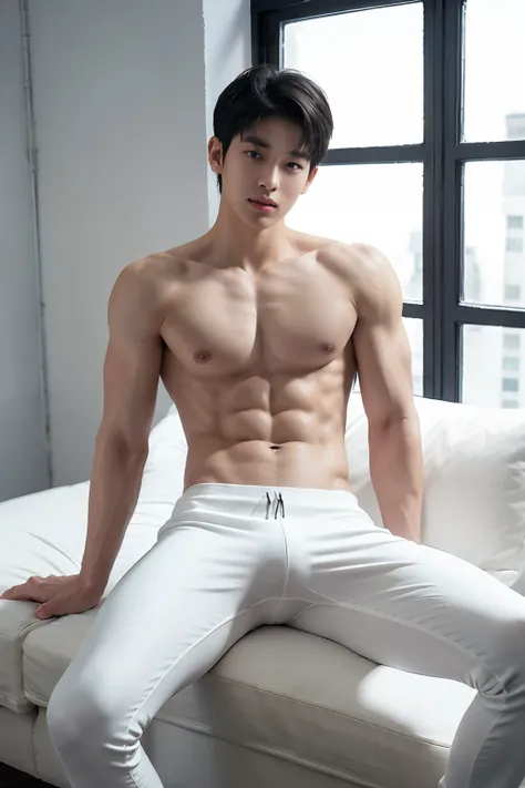 1 Young Man，handsome，musculine，The body is shaggy，Wear white trousers.....，Slim tights（detailed eyes：1.3），topless，Nudity all over，Black eyes，Large bulge，Esbian Full Body，