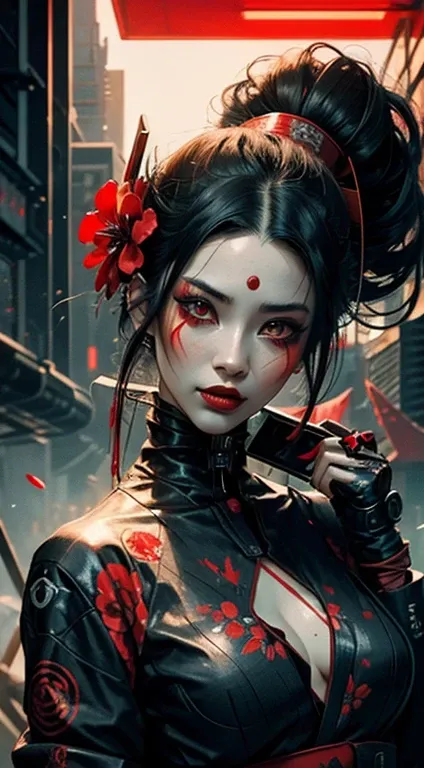 jawless cyberpunk geisha, tied up hair, red flower in the hair, black hair, red lipstick, dark makeup, hand-drawn, modernism, best quality, ultra-detailed, realistic, portraiture, vibrant colors, futuristic lighting