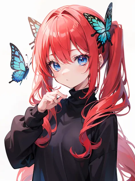 {{best quality}}, {{masterpiece}}, {{ultra-detailed}}, {illustration}, {detailed light}, red hair, blue eyes, girl, little girl, butterfly, sweater, long sleeve, black sweater,Twintails,loli,cute,Kawaii