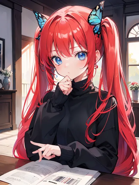 {{best quality}}, {{masterpiece}}, {{ultra-detailed}}, {illustration}, {detailed light}, red hair, blue eyes, girl, little girl, butterfly, sweater, long sleeve, black sweater,Twintails,loli,cute,Kawaii