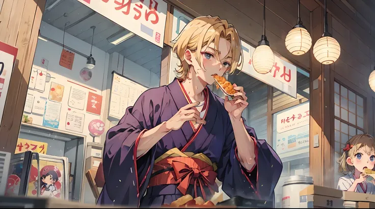 Anime Man Handsome Blonde Yukata Hakama Eat