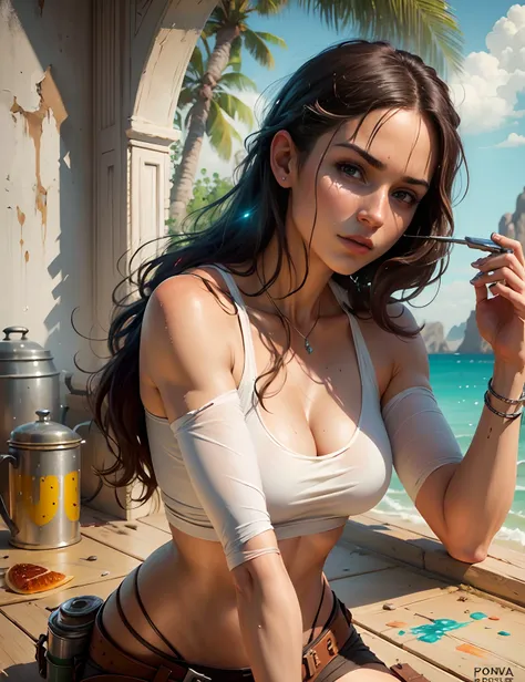 Lara Croft, ((fondo blanco)), ojos penetrantes, epic instagram, artstation, estilo splash de pintura colorida, contorno, hiperdetallado intrincadamente detallado, motor irreal, genial, detalle intrincado, colores complementarios, fantasy concept art, 8 k r...