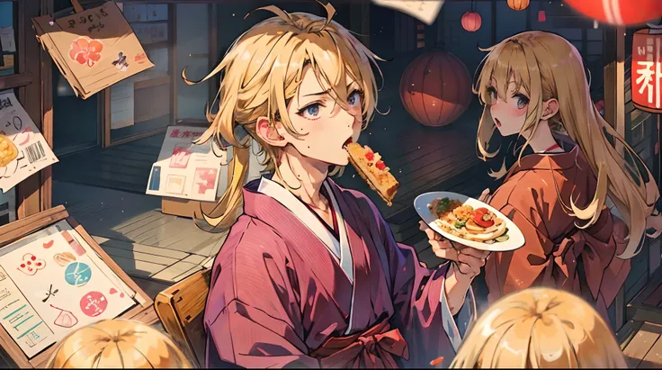 Anime Man Handsome Blonde Yukata Hakama Eat